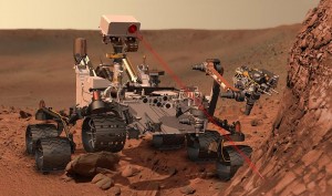 Curiosity en train d'utiliser CHEMCAM (Vue d'artiste)