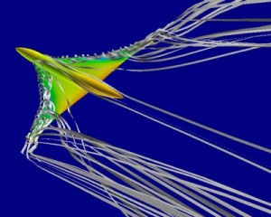 Figure 1 : Simulation numérique de l'aérodynamique de l'hypersustentation de l'avion de transport supersonique Epistle (DAAP - Gérald Carrier) http://hathor.onera.fr/images-science/simulation-numerique/sst-epistle.php