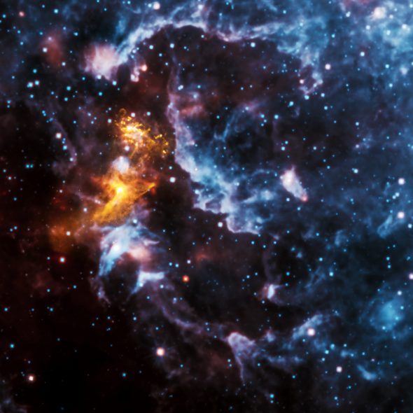 Le pulsar PSR B1509-58, une étoile à neutrons qui tourne rapidement. Source : Chandra/WISE