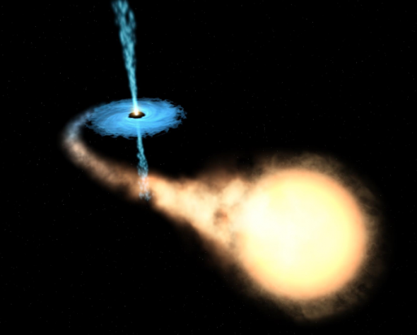 Image d'artiste d'un trou noir et de son compagnon orbitant autour de lui. Crédit : ESA, NASA, et Felix Mirabel