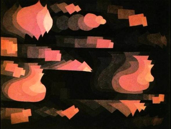 Fugue in Rot (Fugue en rouge) 1921, 24,4 x 31,5cm, aquarelle et crayon /papier/ carton. Suisse, collection particulière, en dépot au Zentrum Paul Klee, Berne.